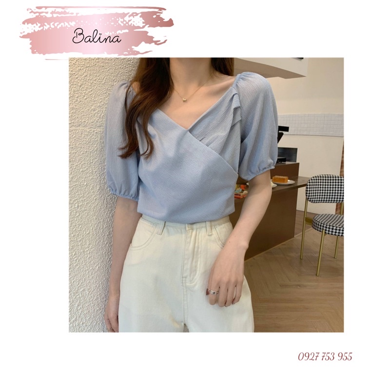 Áo sơ mi cổ chéo tay bồng không nhăn đi học đi làm