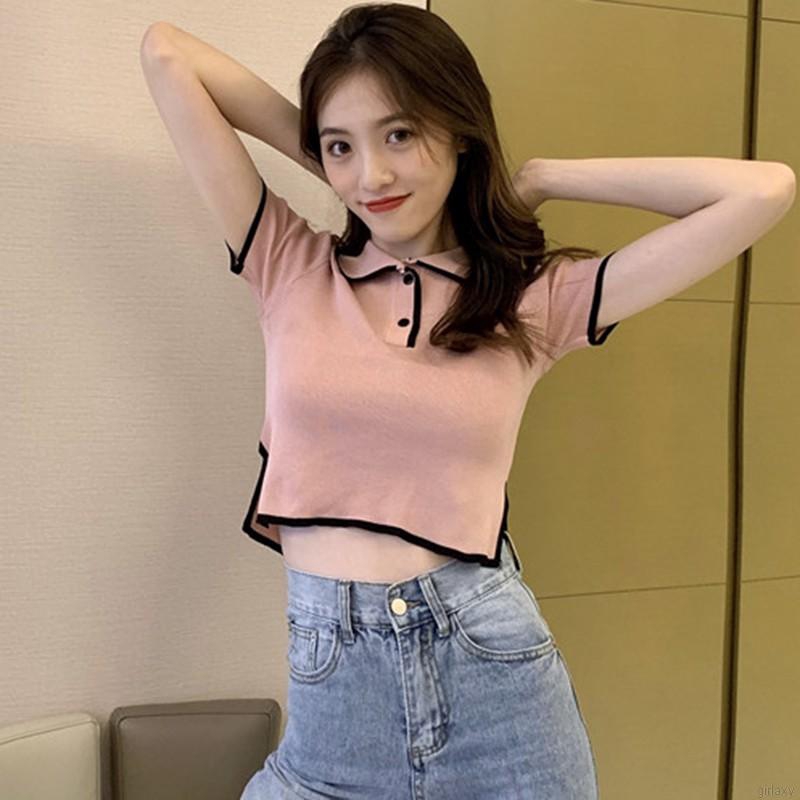 Áo thun nữ tay ngắn cổ bẻ phong cách thời trang Hàn Quốc