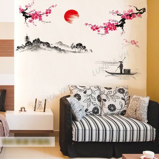 +[ĐƠN 200K TẶNG QUÀ SIÊU YÊU]-Decal dán tường LUVINA trang trí phòng khách,quán cafe-Đào phong thủy lái đò