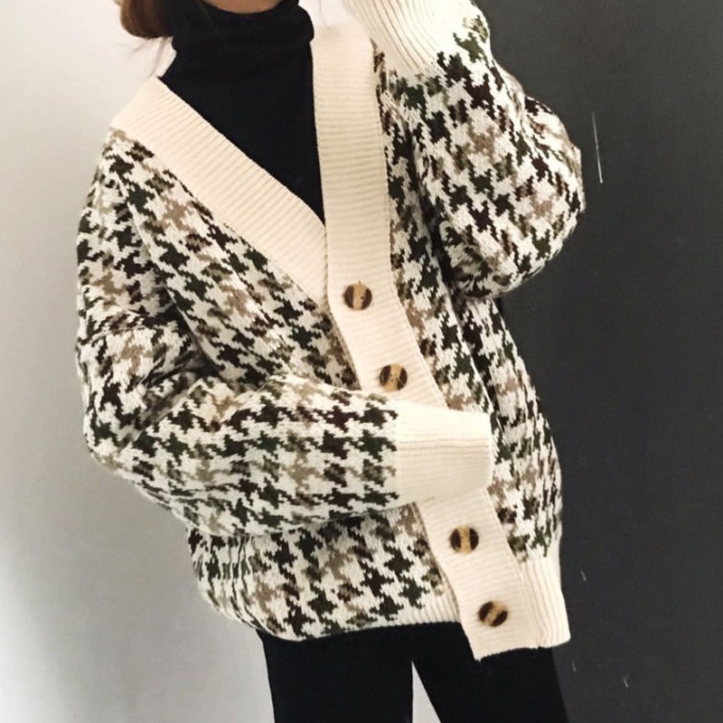 Áo Sweater Tay Dài In Họa Tiết Houndstooth Phong Cách Hàn Quốc 185245 Áo Khoác Dệt Kim Dáng Rộng Phong Cách Retro Thời Trang Mùa Thu