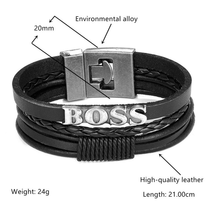 Vòng Tay Da Nhiều Lớp Mặt Chữ Boss Phong Cách Retro