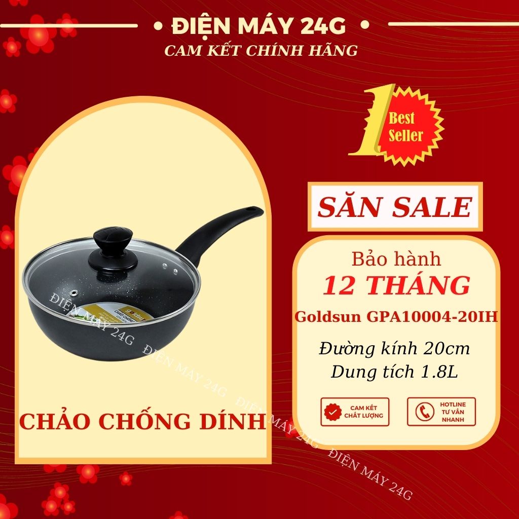 Chảo chống dính Goldsun GPA1004-20IH 20CM chảo bếp từ chất liệu nhôm bền đẹp chảo sâu lòng có nắp kính chịu lực cao cấp