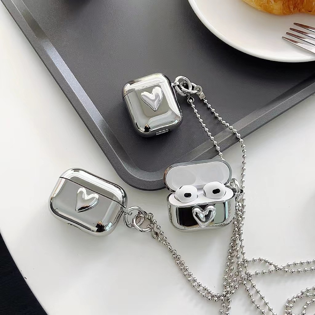 Vỏ Bảo Vệ Hộp Sạc Tai Nghe Bluetooth airpods 1 2 3 pro 2 Bằng tpu Mạ Điện Họa Tiết Trái Tim Dễ Thương Kèm Dây Đeo Tiện Dụng
