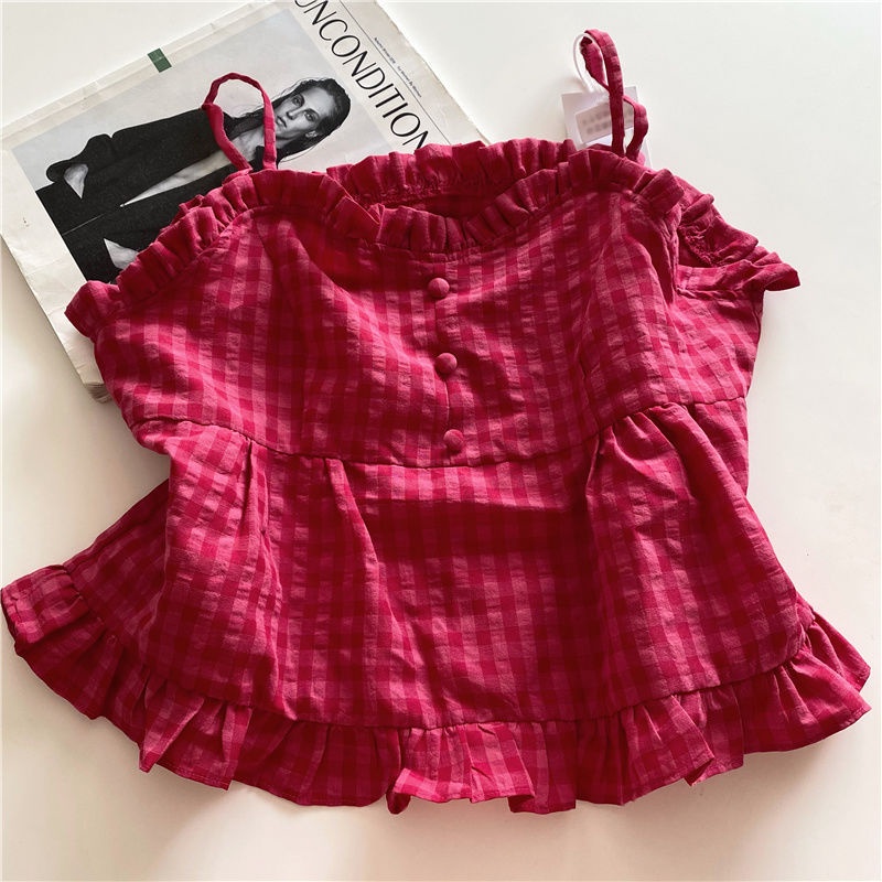 Jiashucheng Áo Hai Dây Kẻ Sọc Caro Trắng Trái Cây Nấm Cạnh Hoa Hồng Đỏ Dễ Thương Mùa Hè ins Cho Nữ