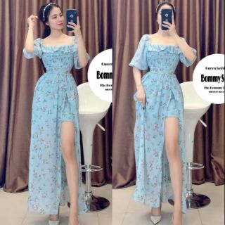 Đầm maxi hoa xẻ đùi có lót quần tay phồng nhúng ngực Cao Cấp