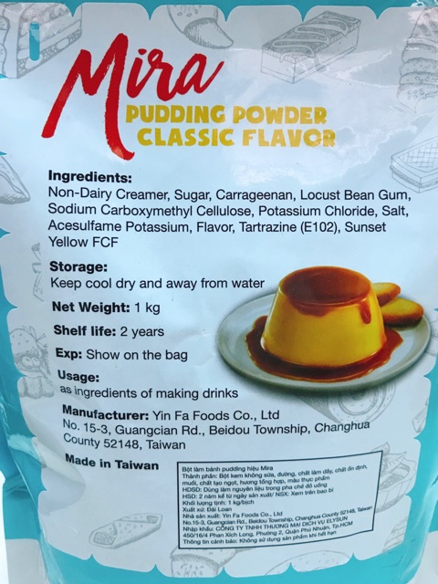 Bột Pudding vị trứng/ khoai môn/ sô cô la/ dưa lưới/ dâu Đài Loan hiệu Mira 1kg