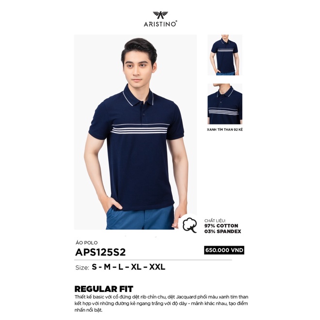 Áo Thun Polo Ngắn Tay Có Cổ Bẻ ARISTINO APS125S2 Áo Phông Nam màu xanh than kẻ ngang dáng regular fit vải cotton cao cấp