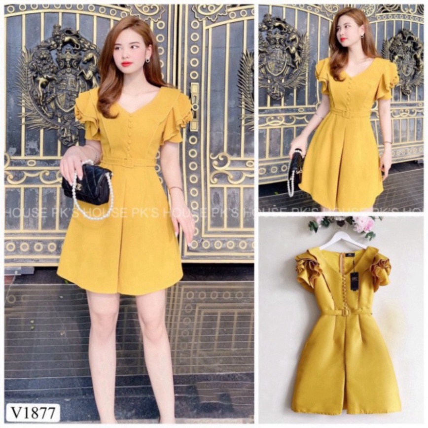 váy Thiết Kế Dáng Suông Vàng Tay Hoa Cúc Bọc V1877, Váy Suông Tafta Cao Cấp -2021 | BigBuy360 - bigbuy360.vn