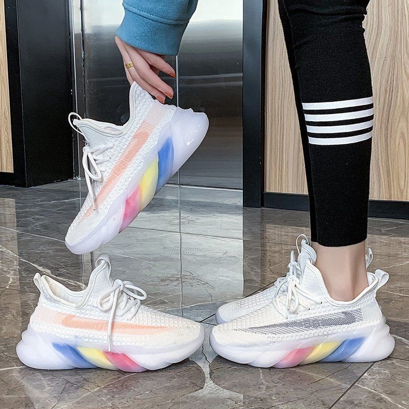 Giày Thể Thao Dệt Kim Đế Cầu Vồng Thoáng Khí Thời Trang Mùa Hè Hàng Mới Dành Cho Bạn Nữ 2021