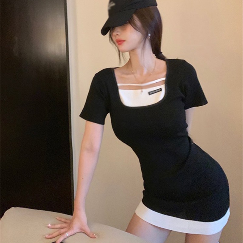 Đầm Dệt Kim Tay Ngắn Cổ Vuông Màu Sắc Tương Phản Thời Trang Mùa Hè Phong Cách Hàn Quốc Cho Nữ