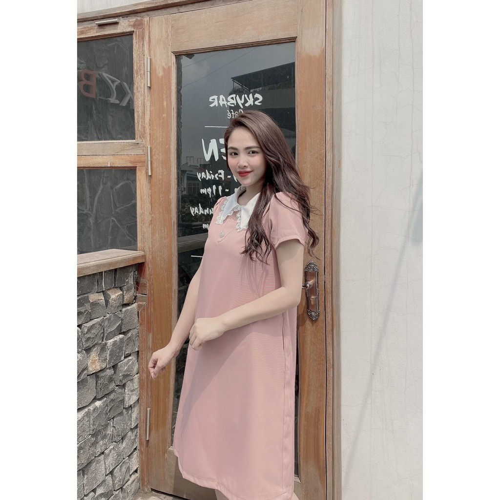 Váy bầu thiết kế - đầm bầu sang chảnh cổ trắng viền ren cúc ngọc 2 màu hồng xanh HD27 - Shop Mẹ Ken
