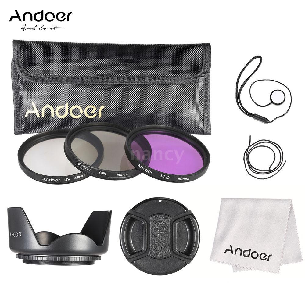 Bộ lọc 49mm Andoer (UV + CPL + FLD) + Túi đựng nilon + Nắp ống kính + Giá đỡ + Loa che nắng + Dụng cụ vệ sinh máy ảnh