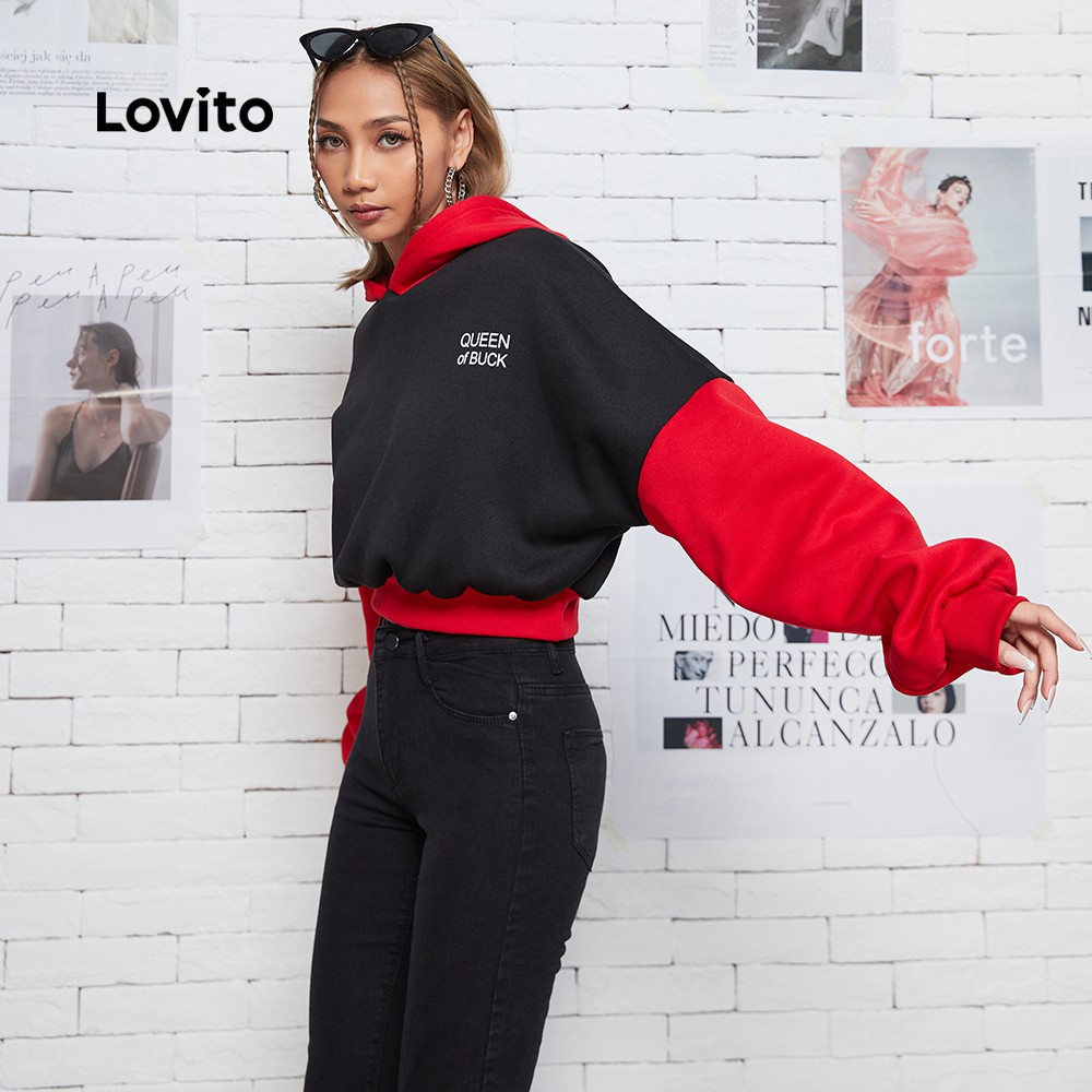 Áo croptop hoodie Lovito in chữ phối khối màu thường ngày L08176 (Màu đen) | BigBuy360 - bigbuy360.vn
