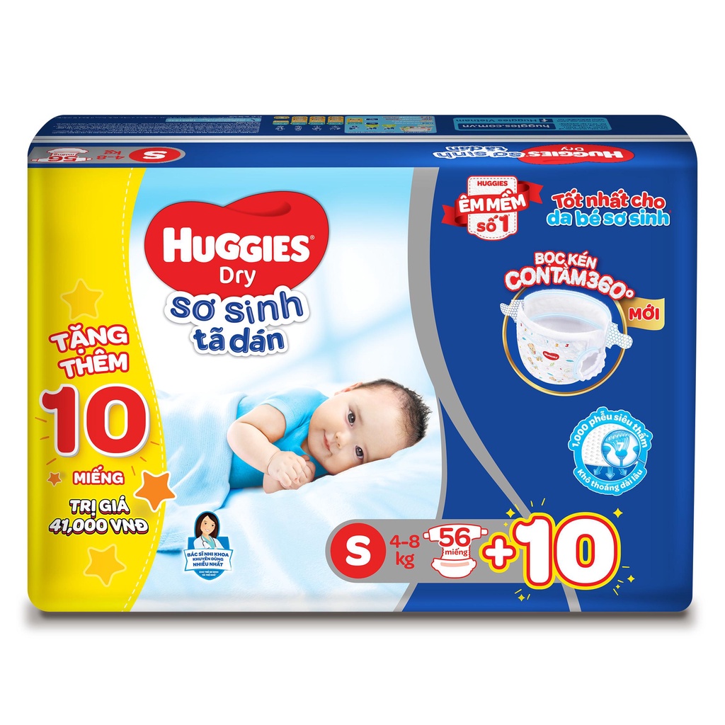 Tã dán sơ sinh Huggies mới S56 (5kg-8kg) - Gói 56 miếng+Tặng miếng ngẫu nhiên