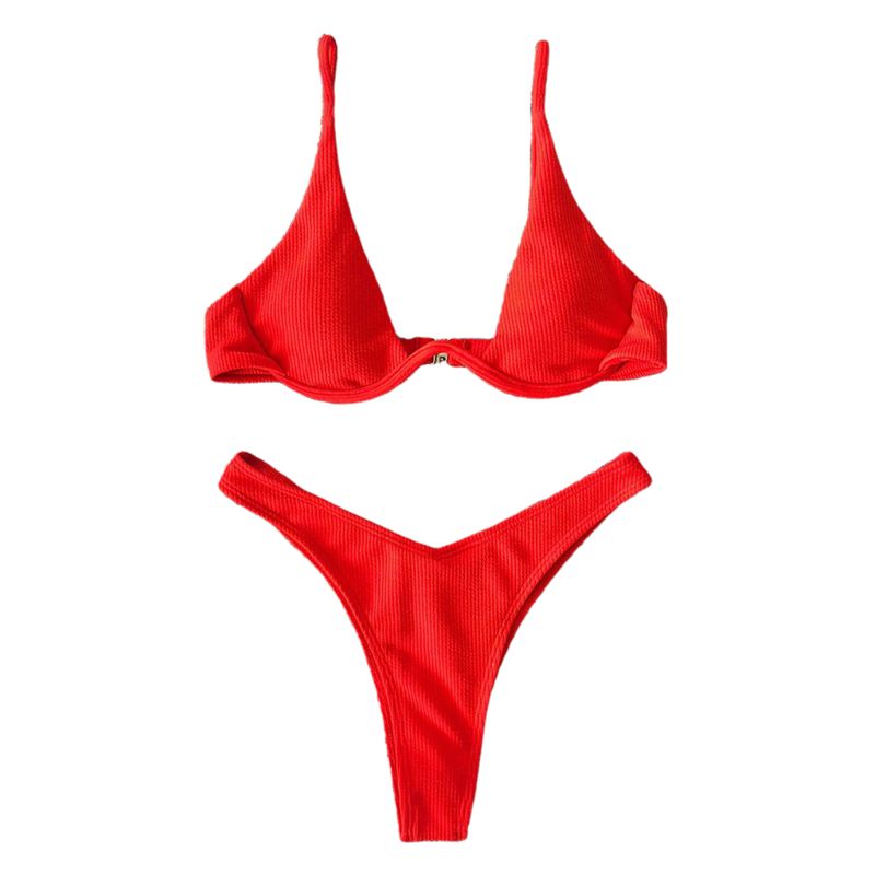 Bộ bikini bơi hai mảnh cổ chữ V nâng ngực cúp tam giác màu trơn neon tươi sáng gân sọc phong cách Brazil quyến rũ cho nữ