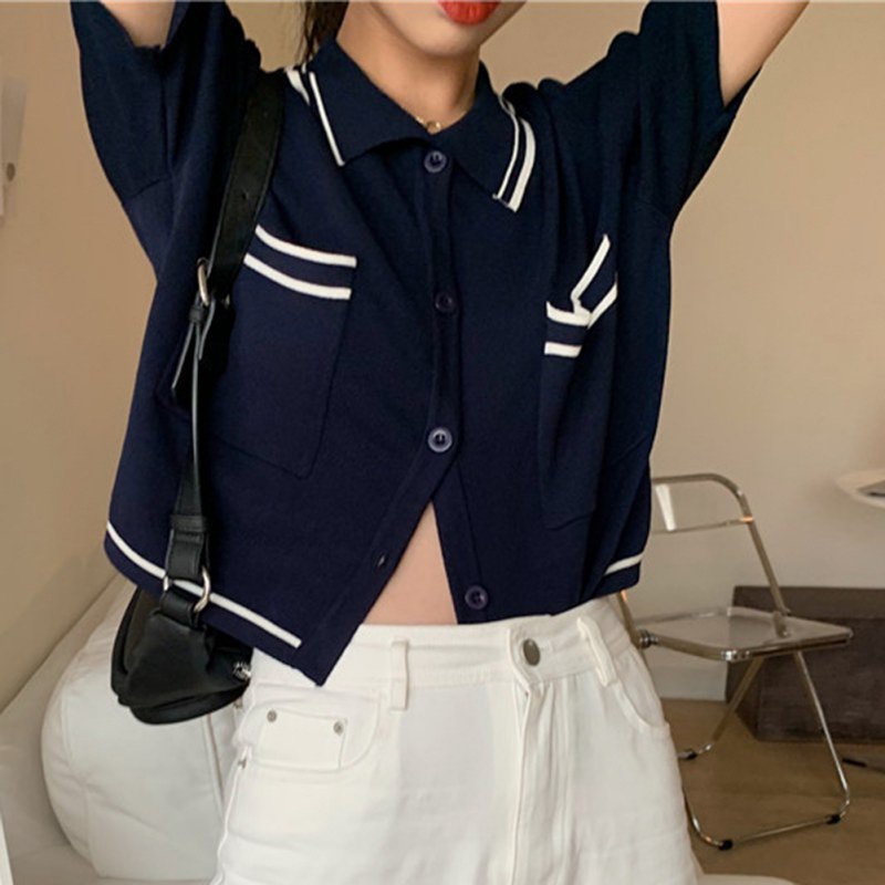 Áo Cardigan Dệt Kim Cổ Bẻ Phối Màu Tương Phản Kiểu Hàn Quốc Quyến Rũ Cho Nữ
