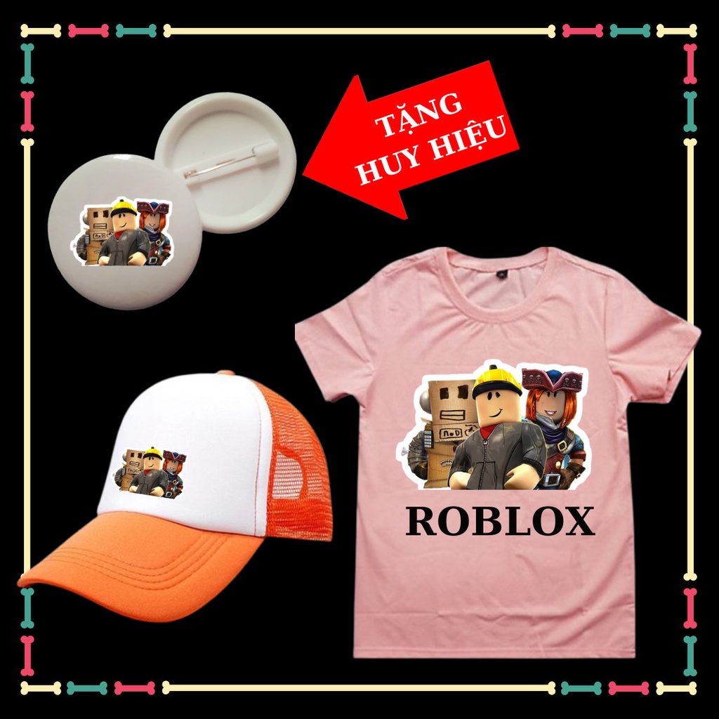 Áo thun bé trai game Roblox, chất vải đẹp, đủ size áo, mũ lưới phong cách, thời trang, kèm huy hiệu cho bé.
