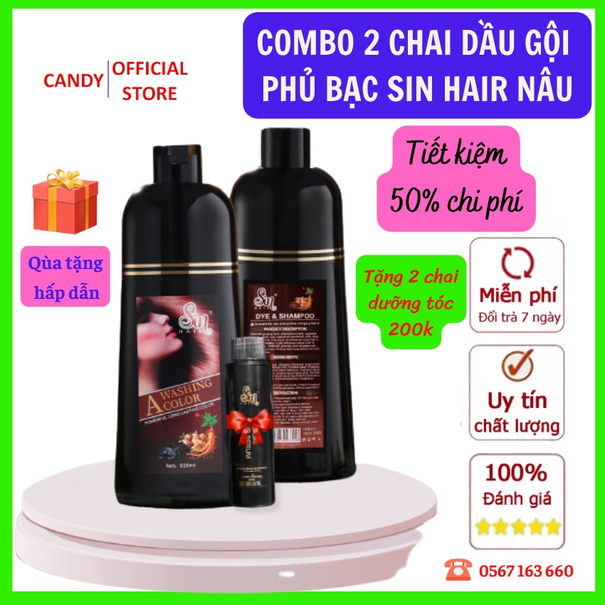 Combo 2 Chai dầu gội phủ bạc SIN HAIR màu NÂU 500ml, dầu gội nhuộm tóc Nhân Sâm số 1 Nhật Bản