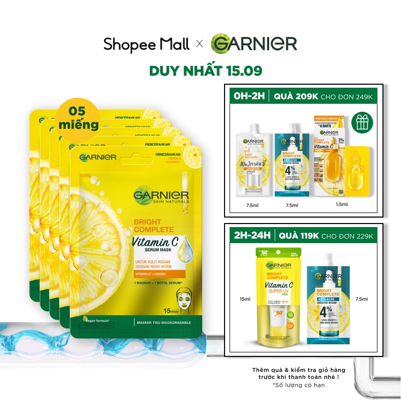 Bộ 5 mặt nạ tinh chất Quả Yuzu và Vitamin C sáng da tức thì Garnier 28g