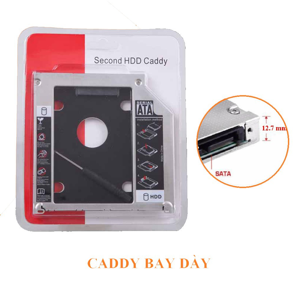 Caddy Bay Sata3 cho SSD và HDD 2,5” - Vỏ Nhôm/Nhựa – Size: 9.5mm và 12.7mm – Khay ổ cứng thay thế ổ DVD