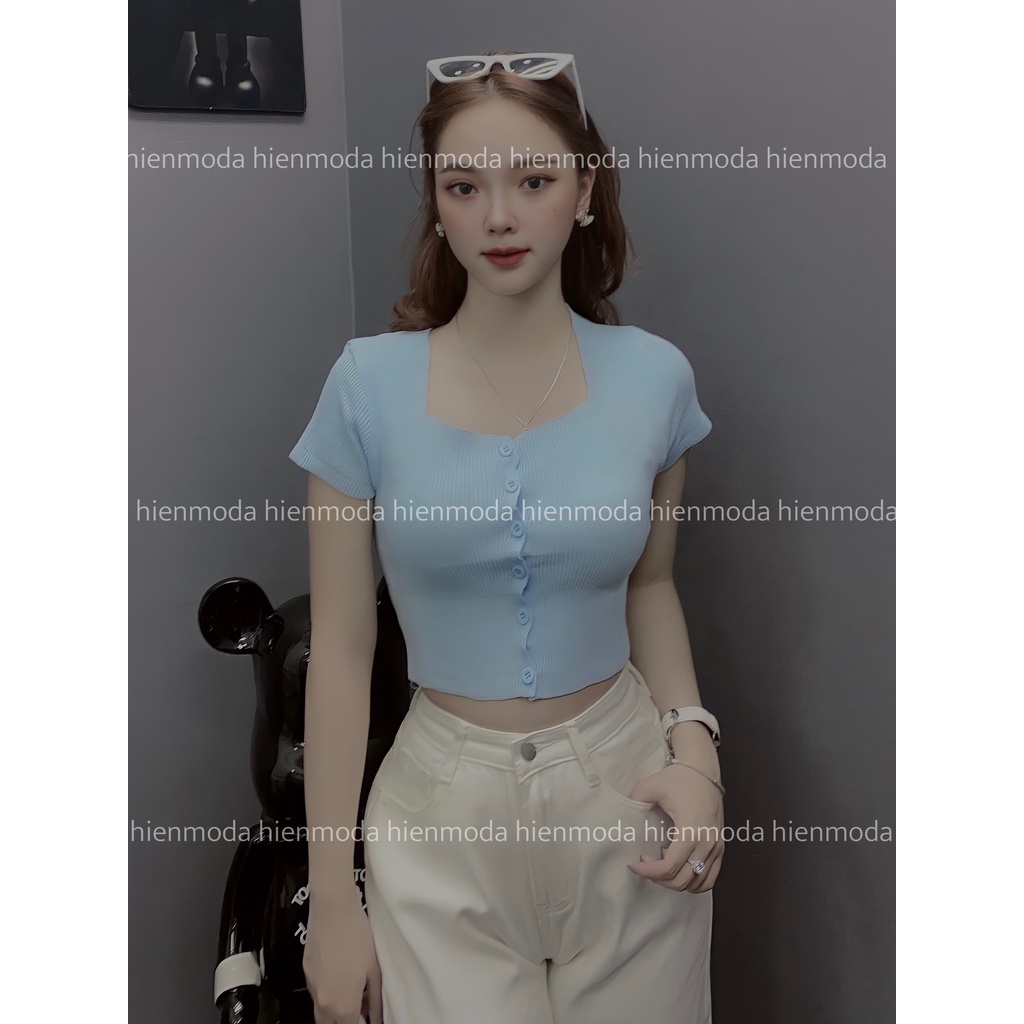 Áo len mongtoghi nữ cổ vuông Croptop , áo len dệt kim mỏng ngắn tay cúc dọc