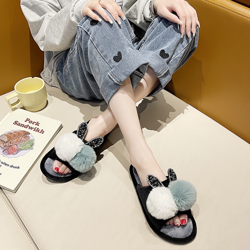 Dép bông đế bằng phối màu thời trang Hàn Quốc cho nữ