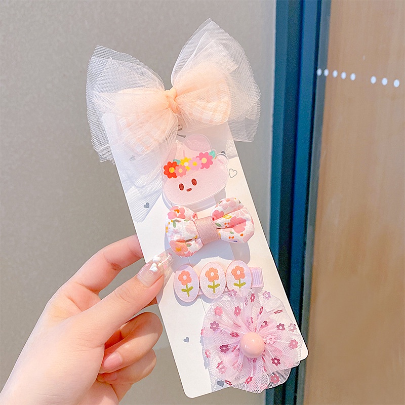 Kẹp Tóc Hình Nơ Phối Ren Hoa Dễ Thương Cho Bé Gái