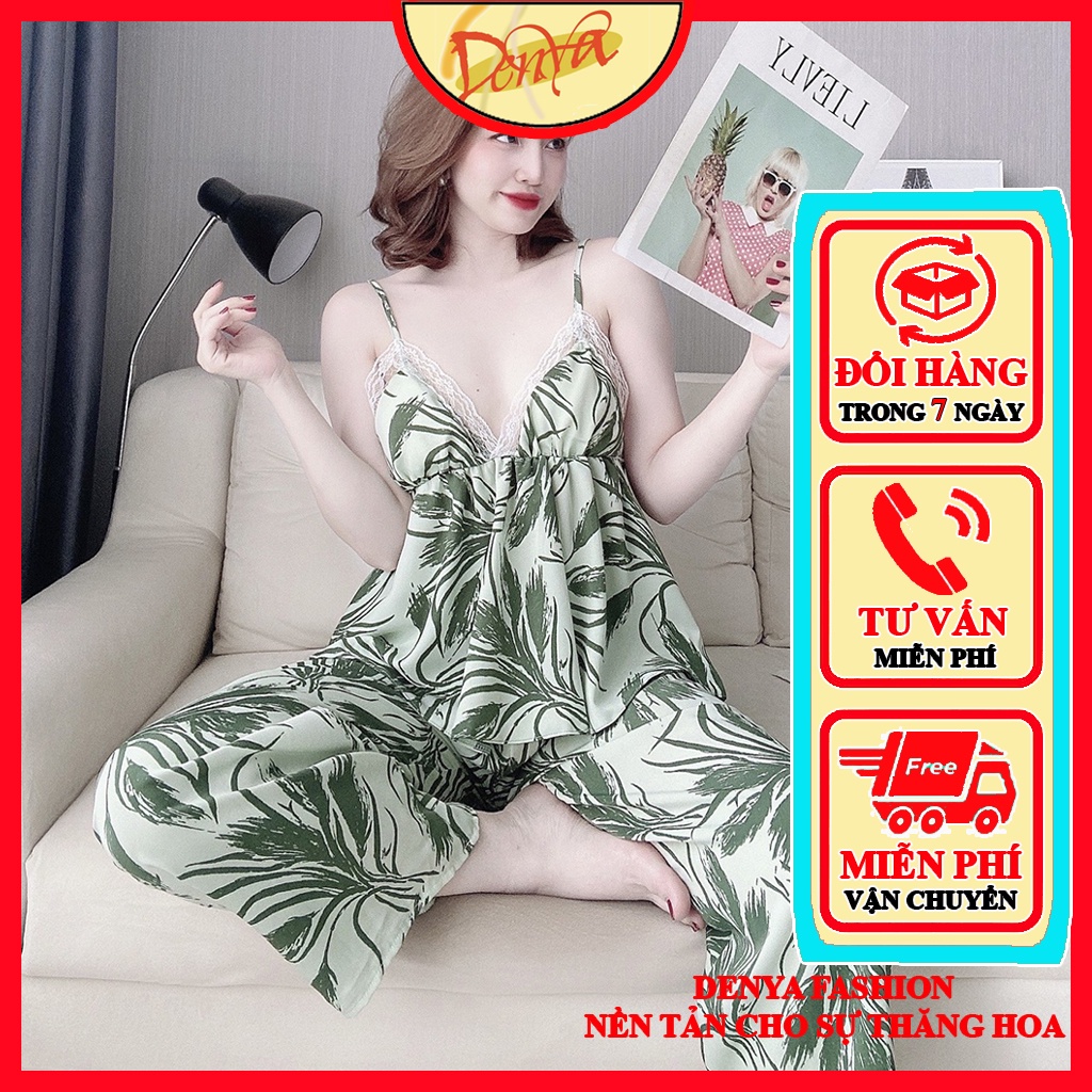 Đồ ngủ lụa 2 dây tăng đơ có mút cột dây phía sau, quần dài lụa mango họa tiết sang trọng DN39