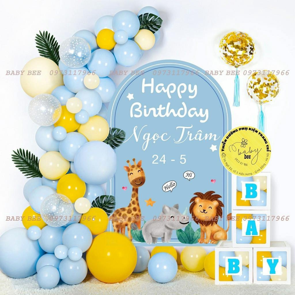 Set bóng trang trí sinh nhật, thôi nôi kèm phông bạt thiết kế theo yêu cầu khách hàng nhà Baby Bee