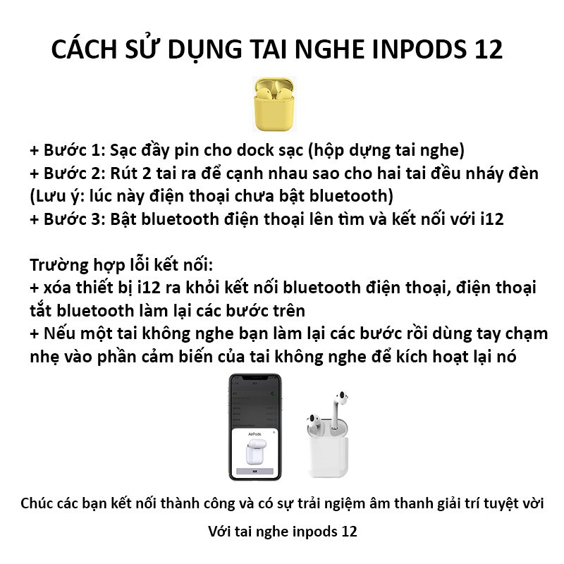 Tai Nghe Bluetooth blutooth Không dây Inpods 12 i12 giống Airpods 2 chuyên Gaming dùng cho iphone và android