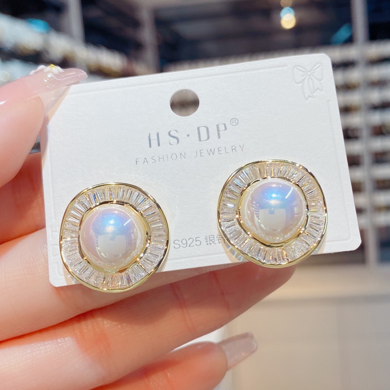 Bông Tai Bạc 925 Hình Tròn Đính Đá Zircon Ngọc Trai Kiểu Dáng Thanh Lịch Thời Trang Cho Nữ