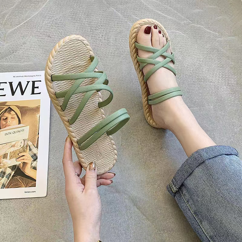 Dép Cao Su Nnựa Quai GIẢ CÓI Chống Nước - Sandal giả cói kẻ - Giày đế bệt nữ đế bệt mùa hè 2022