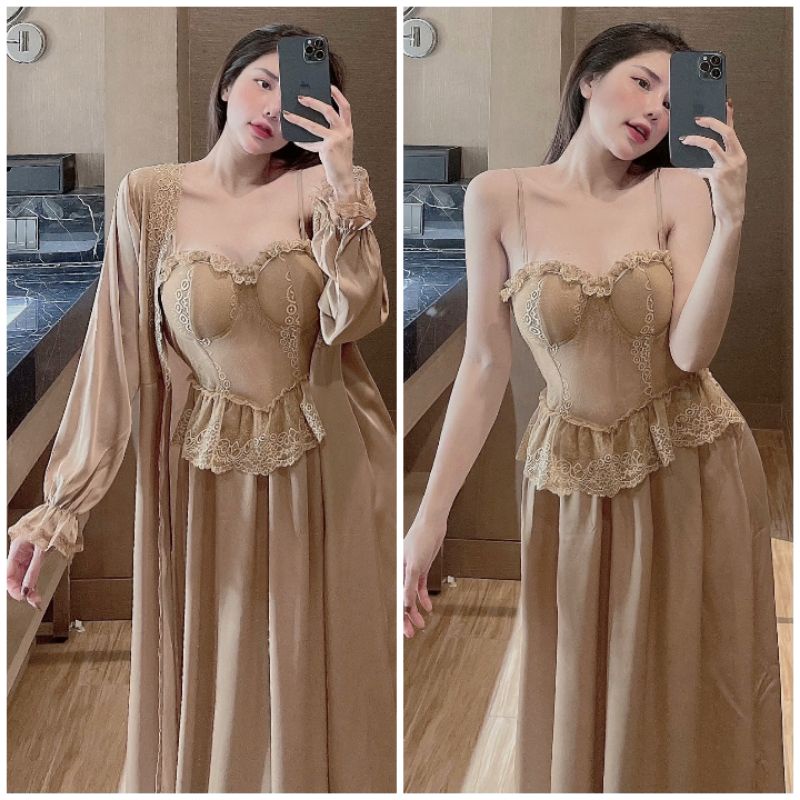 Đồ ngủ nữ Váy 2 dây sexy có mút ngực kèm áo choàng có dây thắt lưng Lụa mềm mát