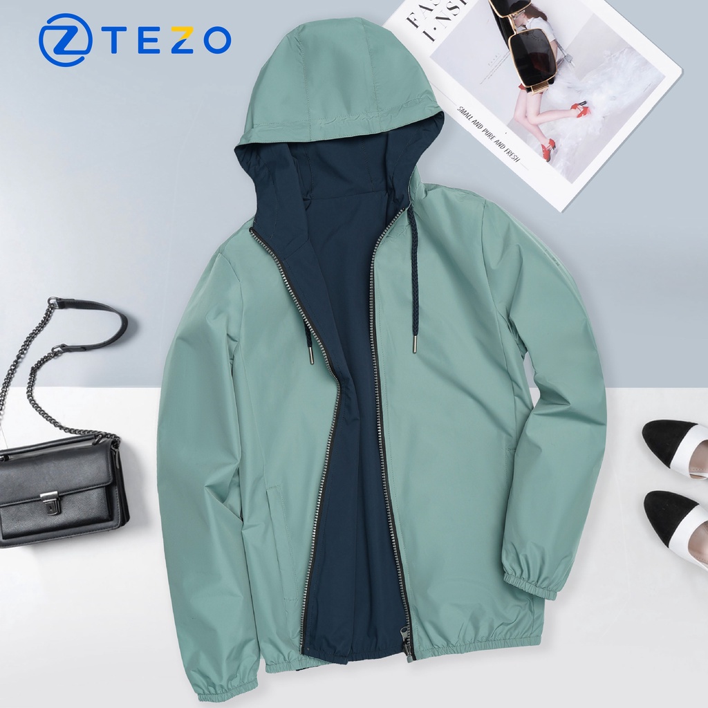 Áo gió nữ TEZO  khoác nữ vải gió mặc được 2 mặt có mũ 22AG2T003