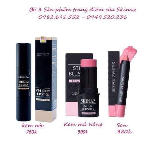 Bộ 3 sản phẩm Makeup Quyền lực Skinaz Hàn Quốc - Kem nền bb.stick, kem má hồng, son stint