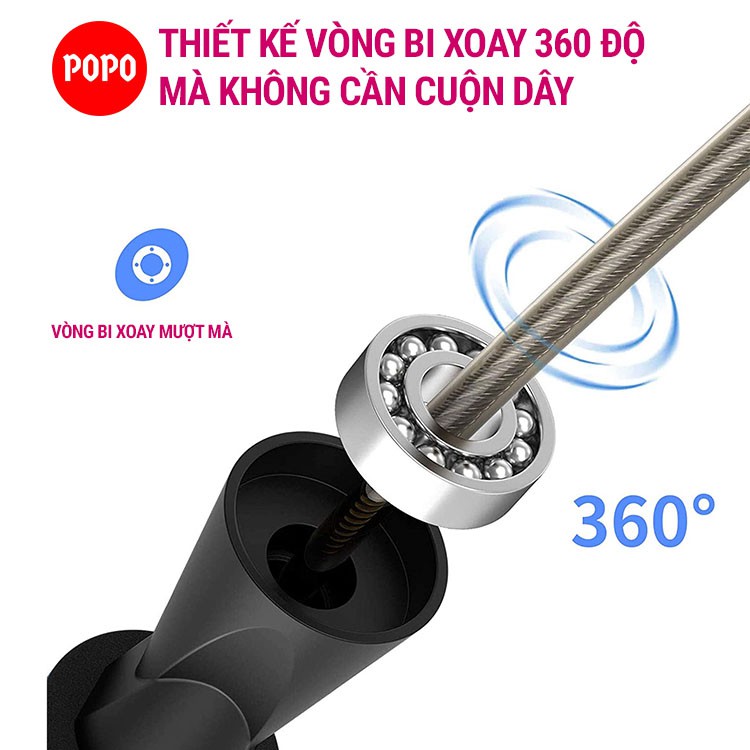 Dây nhảy dây POPO TS1 lõi dây PVC 6mm, tay nắm bọt xốp thoáng khí dây nhảy thể lực, thể dục, tập Gym, boxing