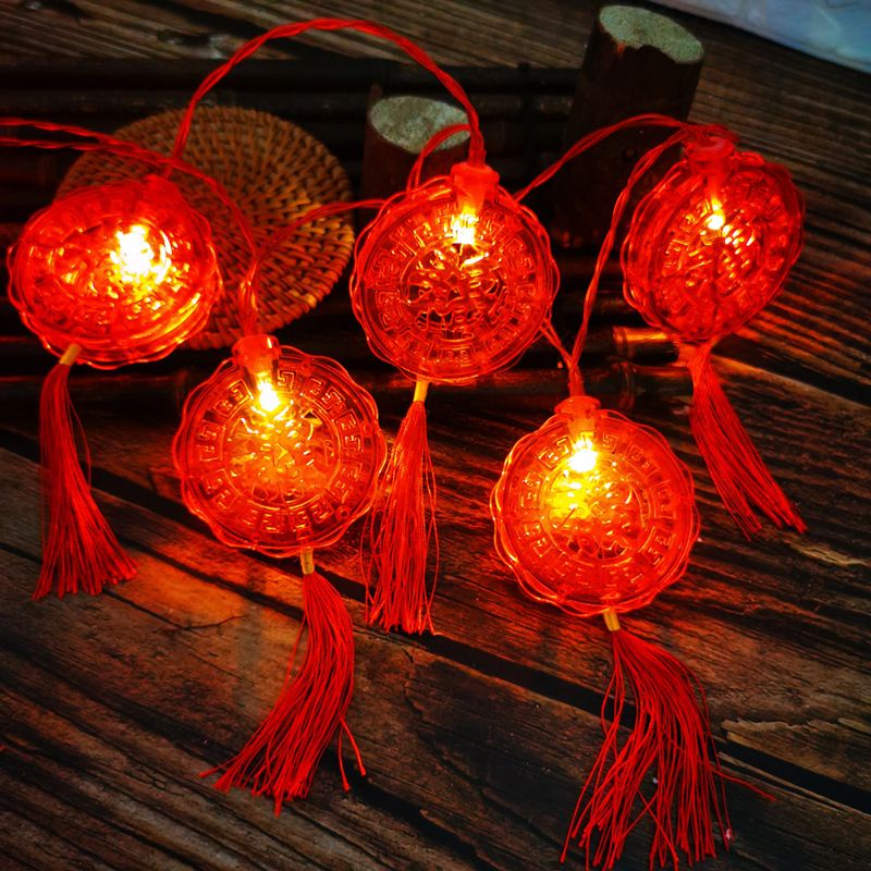 Dây đèn led lồng đèn pha lê, dây đồng tiền đỏ trang trí lễ Tết