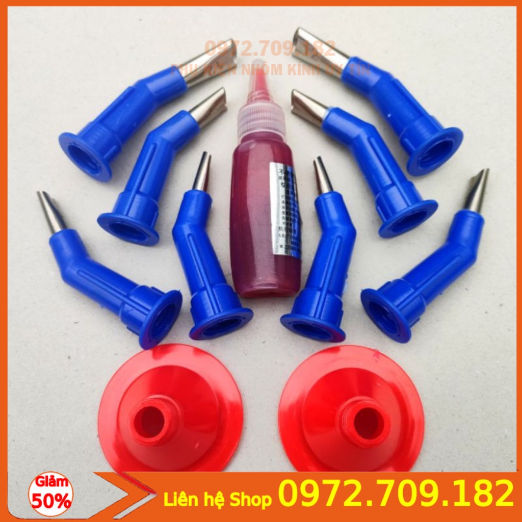 Bộ 8 Đầu Vòi Đi Bơm Keo Inox Đế Nhựa Tặng 1 Lọ Mỡ Bò + 2 Đế Ren Bắn Keo Túi