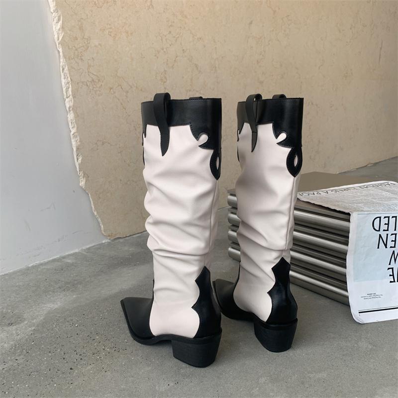 Giày Bốt Cao Bồi Cao Bồi Mũi Nhọn Xếp Ly Dày Dặn Phong Cách Cao Bồi Phương Tây Mẫu Mới 2022 Thời Trang Thu Đông Cho