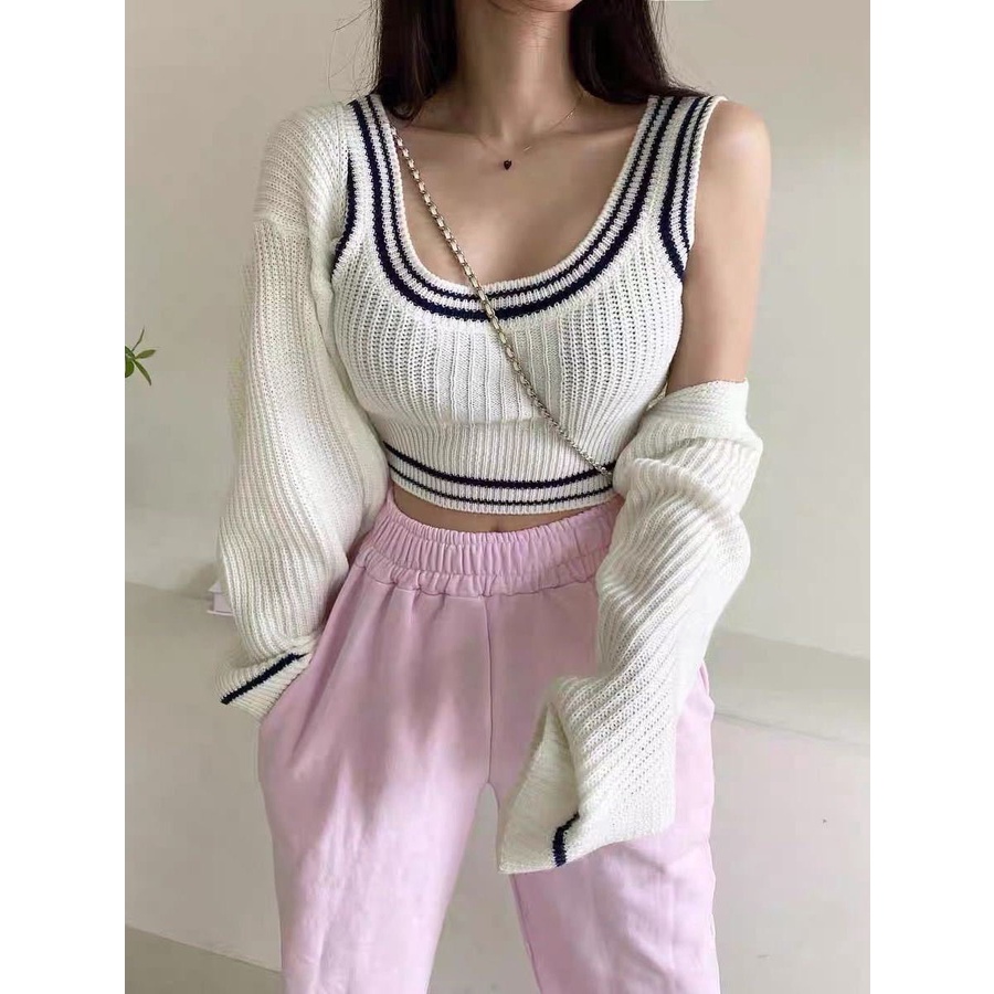 Set Áo Hai Dây Và Áo Khoác Cadigan Màu Trơn Dệt Kim Thời Trang Phong Cách Hàn Quốc Ak1381