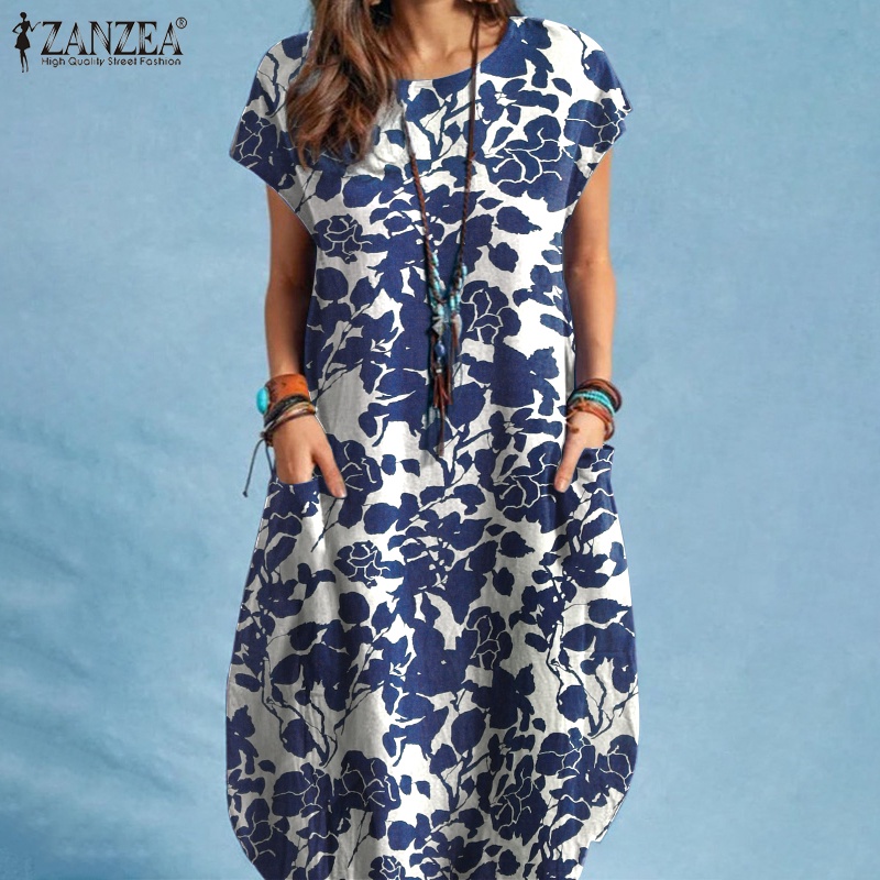 Zanzea Đầm Midi Tay Ngắn Cổ Tròn In Họa Tiết Hoa Phong Cách Bohemian Thời Trang Cho Nữ