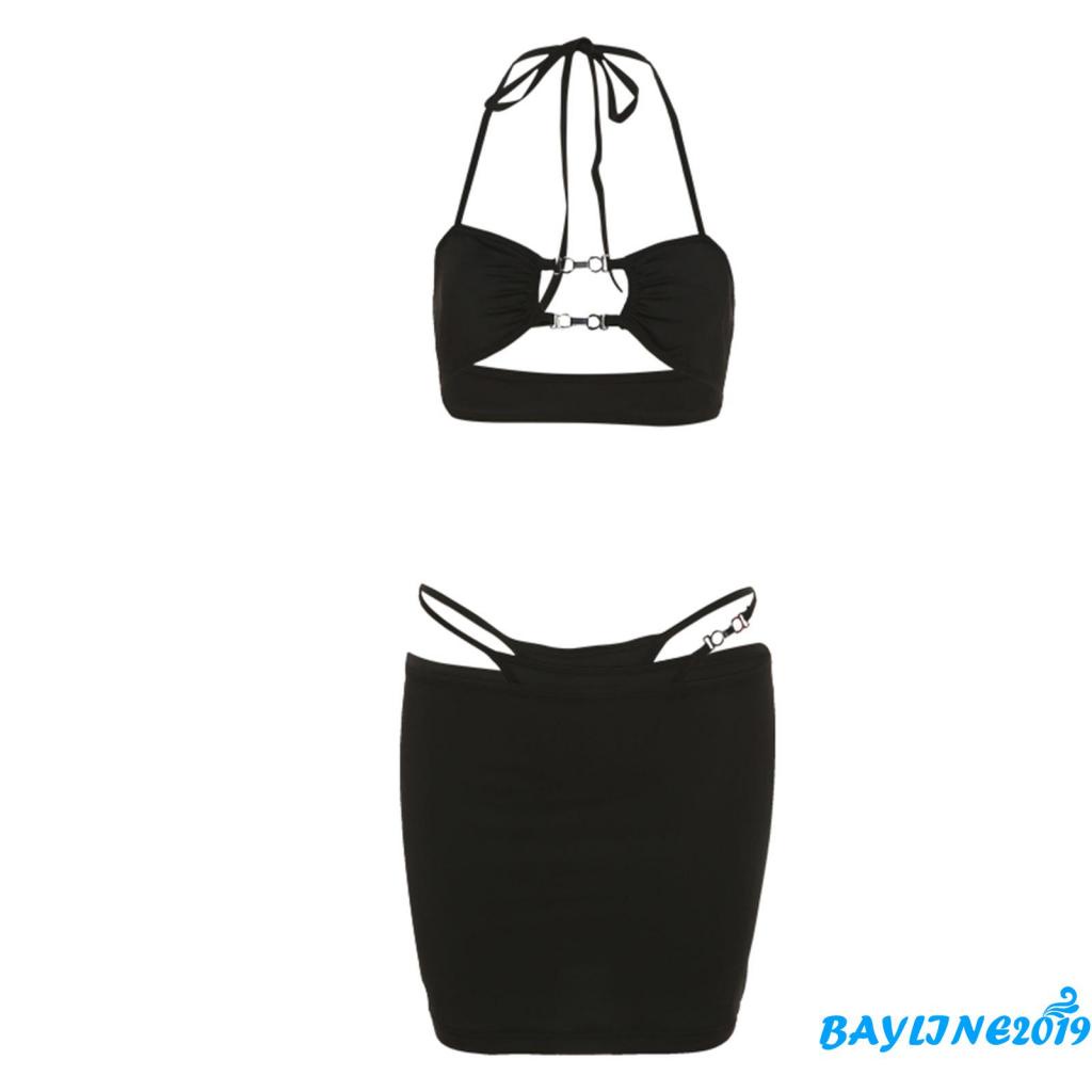 BAY-Women´s Three-Piece Clothes Outfit, Halterneck Sleeveless Hollow Out Tops + Thong + Skirt