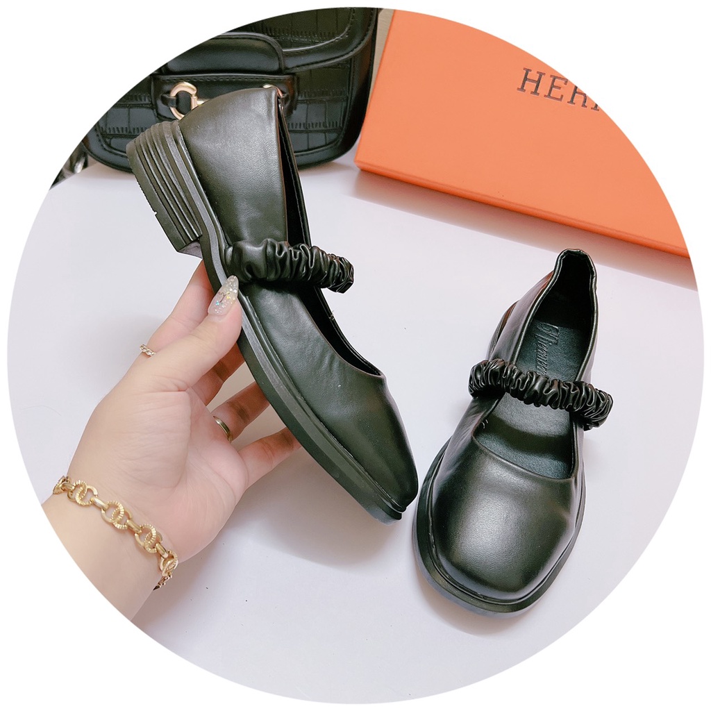 HÀNG MỚI VỀ- GIÀY DOC MŨI TRÒN DA LÌ QUAI NHÚN NGANG ĐẾ DÀY 2CM