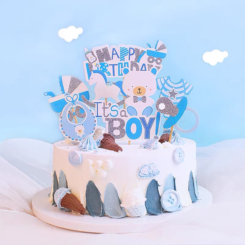 Set que cắm It's boy + gấu + HPBD quần áo xanh - Phụ kiện trang trí bánh sinh nhật