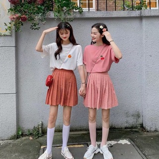 Set váy ulzzang áo thun hoa quả cv kẻ MS1819