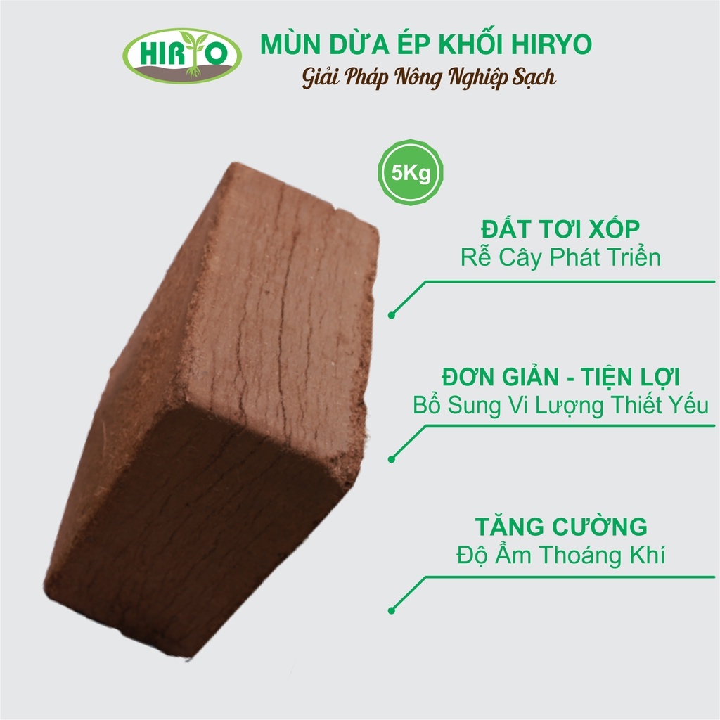 Đất nén mụn sơ dừa hữu cơ HIRYO đã xử lí, dùng trồng cây cảnh, rau, hoa, trộn đất trồng cây (khối lượng 5KG)