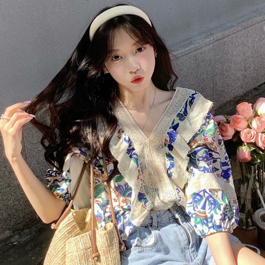 Áo Sơ Mi Tay Lỡ 3 / 4 In Hoa Phong Cách Hàn Quốc Cho Nữ