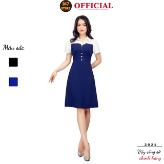 Đầm công sở chữ A phối sơ mi 247STORE , dáng dài, cộc tay, cổ trắng, bo eo, vải hàn, mêm mịn, không lộ