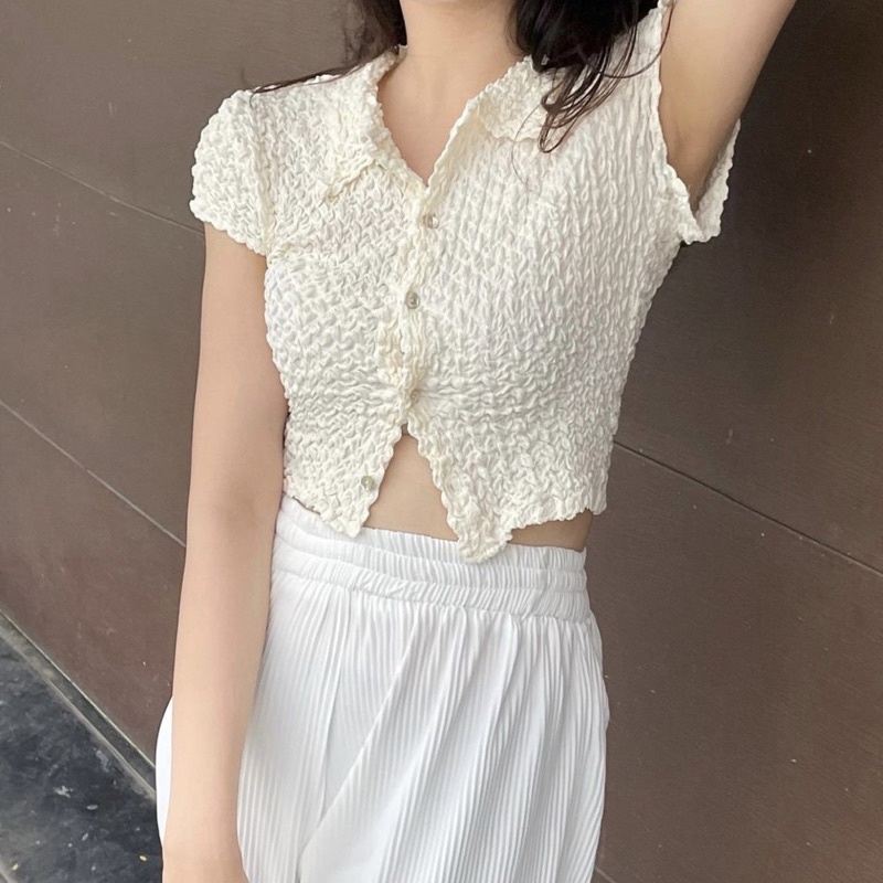 Áo croptop polo cài nút chất nhăn co giãn mát form xinh