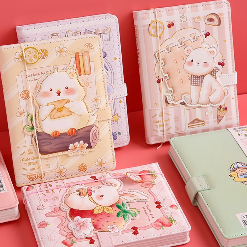 112 Tờ Sổ Tay A6 Hình Động Vật Hoạt Hình 3D Bằng PU Có Khóa Nam Châm Chống Thấm Nước